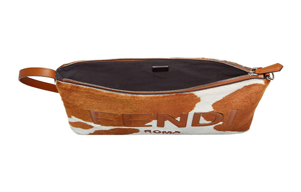 FENDI Sheep Wool Clutch Laptop Bag Men"s Brown/White