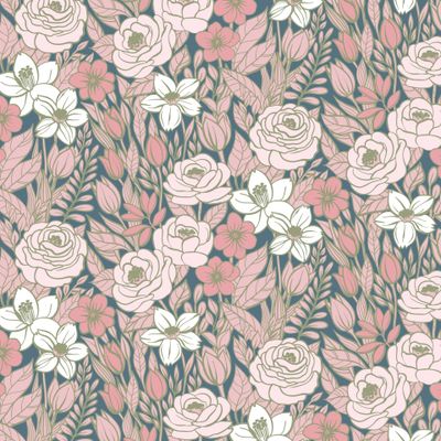 Весенний цветочный узор в розово-хаки-серо-белой гамме