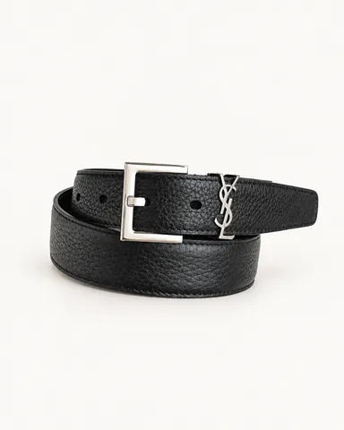 Женский ремень Saint Laurent — чёрный с закруглённым концом и серебристой пряжкой YSL