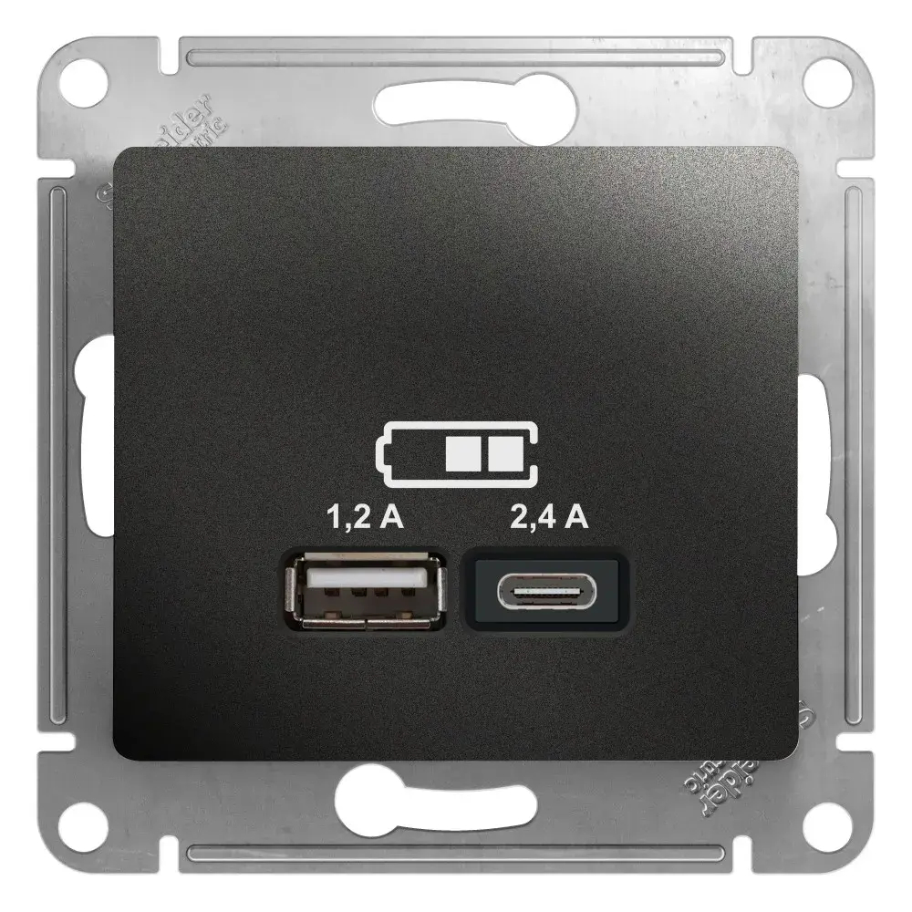 GLOSSA USB РОЗЕТКА А+С, 5В/2,4А, 2х5В/1,2А, механизм, АНТРАЦИТ