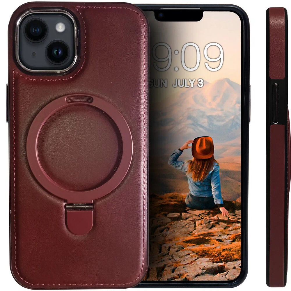 Business style чехол из кожи для IPHONE 15 с кольцом-подставкой и бархатной подкладкой