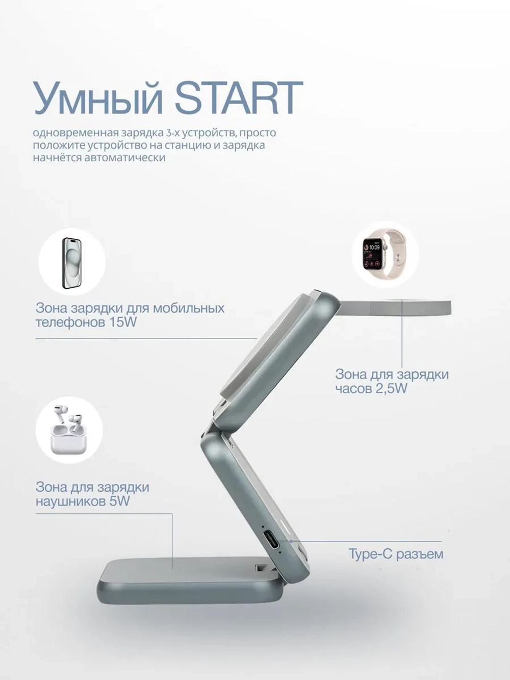 беспроводная зарядка 3 в 1 Док-станция для Iphone 15Вт