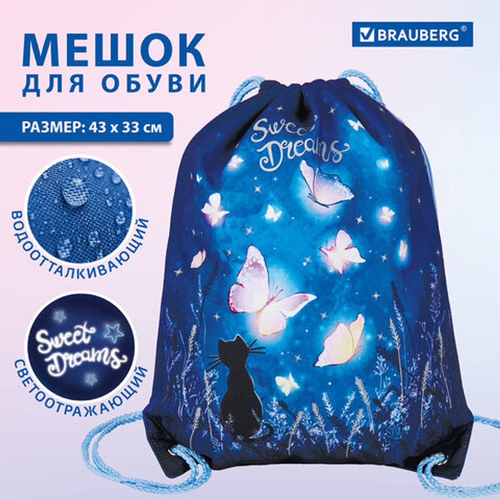Мешок для обуви BRAUBERG PREMIUM, карман, подкладка, светоотражайка, 43х33 см, Sweet dreams, 270744