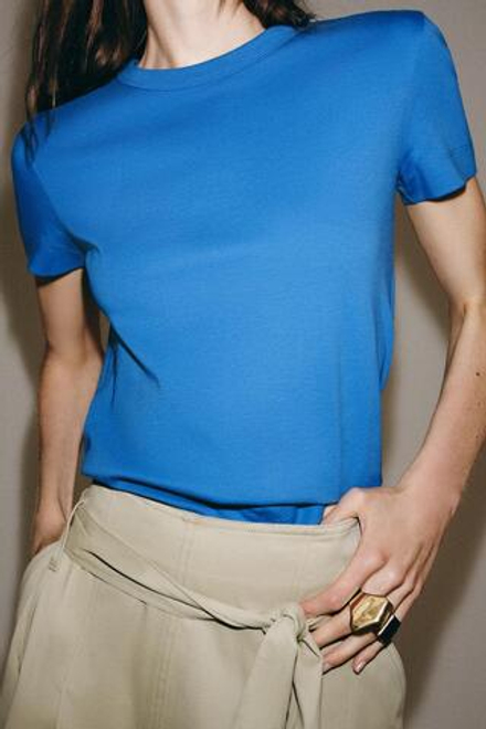 ZARA ФУТБОЛКА INTERLOCK С КОРОТКИМ РУКАВОМ, СИНИЙ ЭЛЕКТРИК