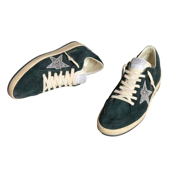 Women's Golden Goose Ball Star in Green suede with Silver glitter star