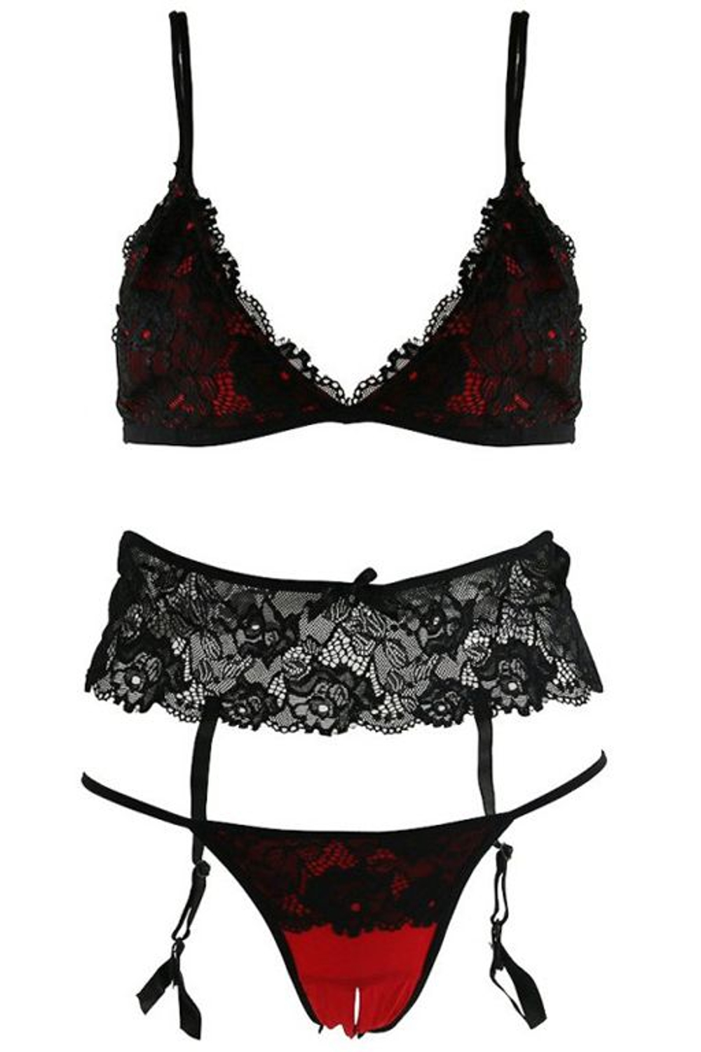 Изысканный комплект 3 PC STRAPPY LACE GARTER SET WITH CROTCH (Размер: M-L) (Цвет: красный с черным)