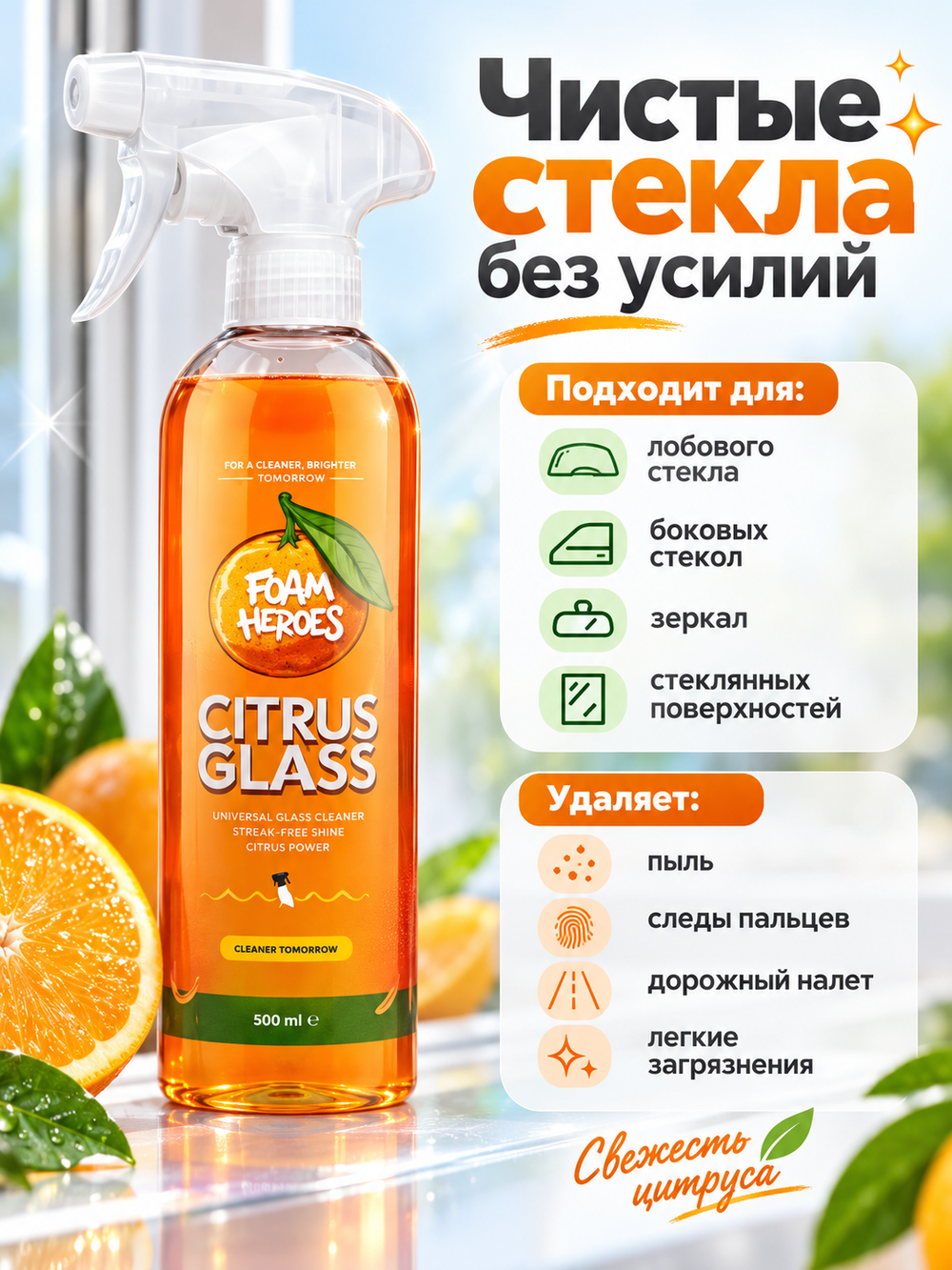 Foam Heroes Citrus Glass универсальный очиститель стекол, 500мл