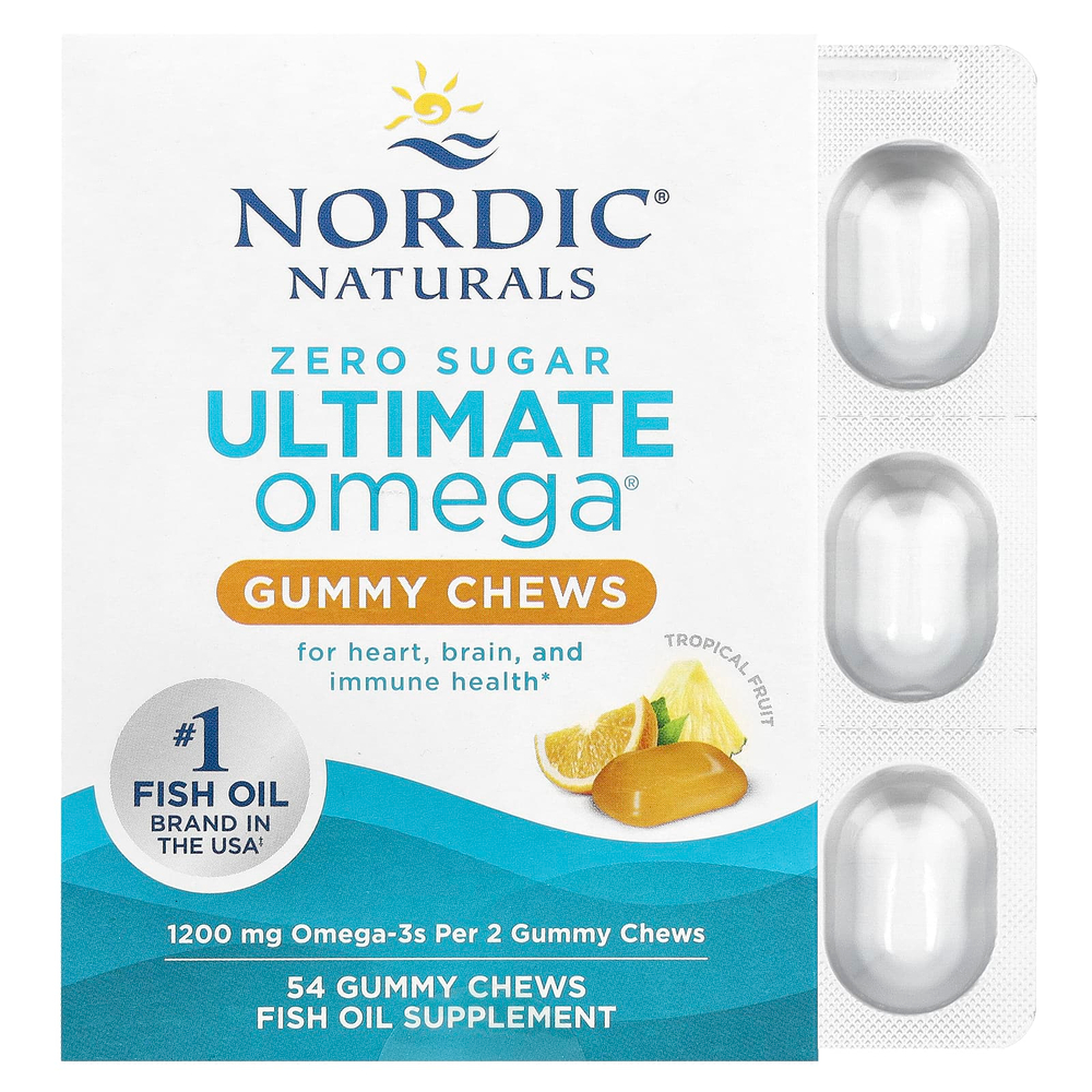 Nordic Naturals, Жевательные жевательные таблетки Ultimate Omega®, тропические фрукты, 1200 мг, 54 жевательные жевательные таблетки (600 мг в каждой жевательной таблетке)