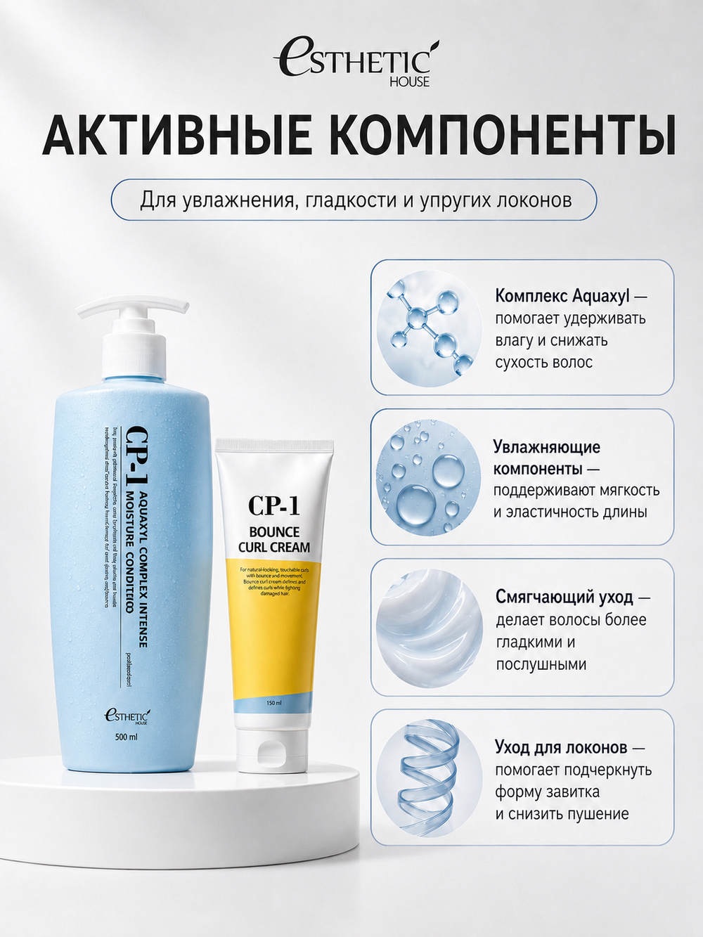 ESTHETIC HOUSE Набор бальзам для волос увлажняющий CP-1 Aquaxyl Complex 500мл и ухаживающий крем для волос CP-1 Bounce Curl Cream, 150мл