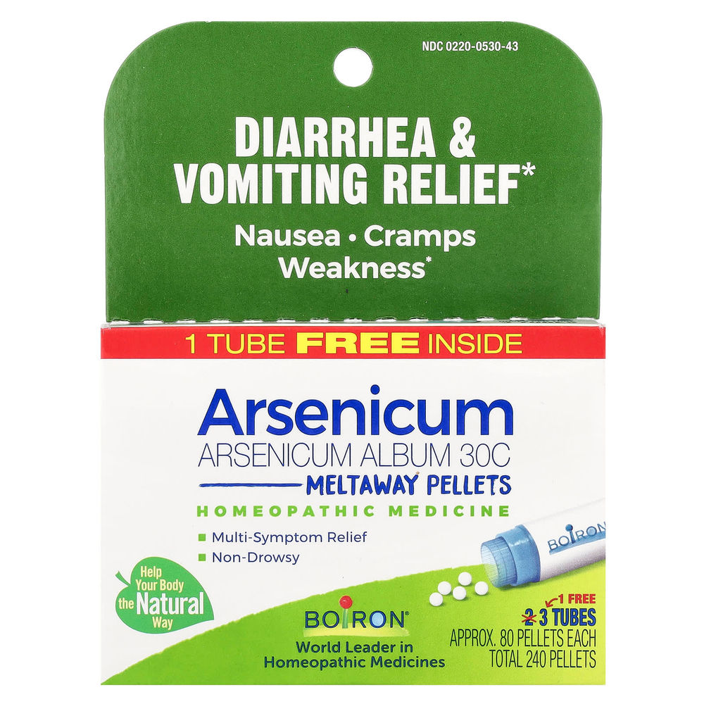 Boiron, Arsenicum, Средство от диареи и рвоты, гранулы Meltaway, 30C, 3 пробирки, 80 гранул в каждой
