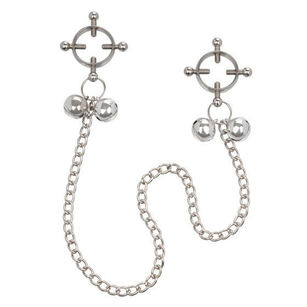Металлические зажимы для сосков на цепочке Nipple Grips 4-Point Nipple Press with Bells (Цвет: серебристый)