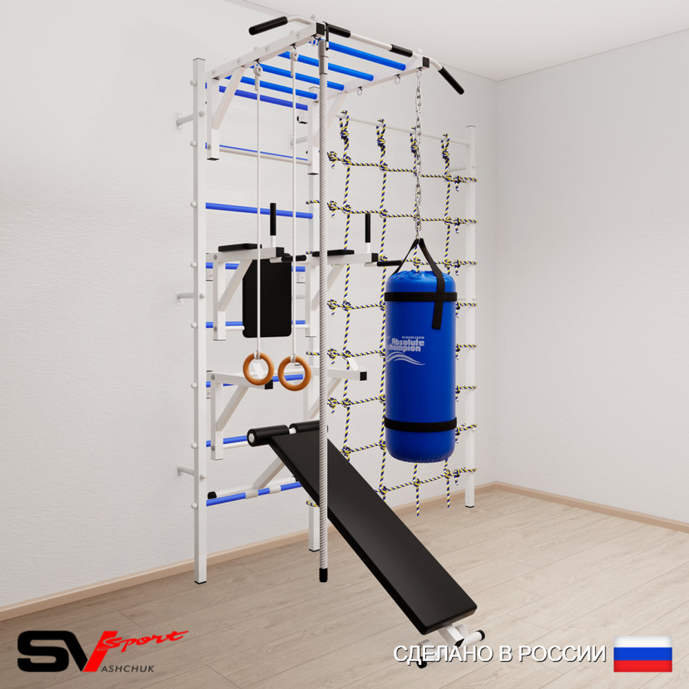 Шведская стенка Sv Sport усиленная 66420 (Турник рукоход/Брусья/Стойка/Скамья/Канат/Кольца/Цепь/Мешок 22кг/Канатный лаз)