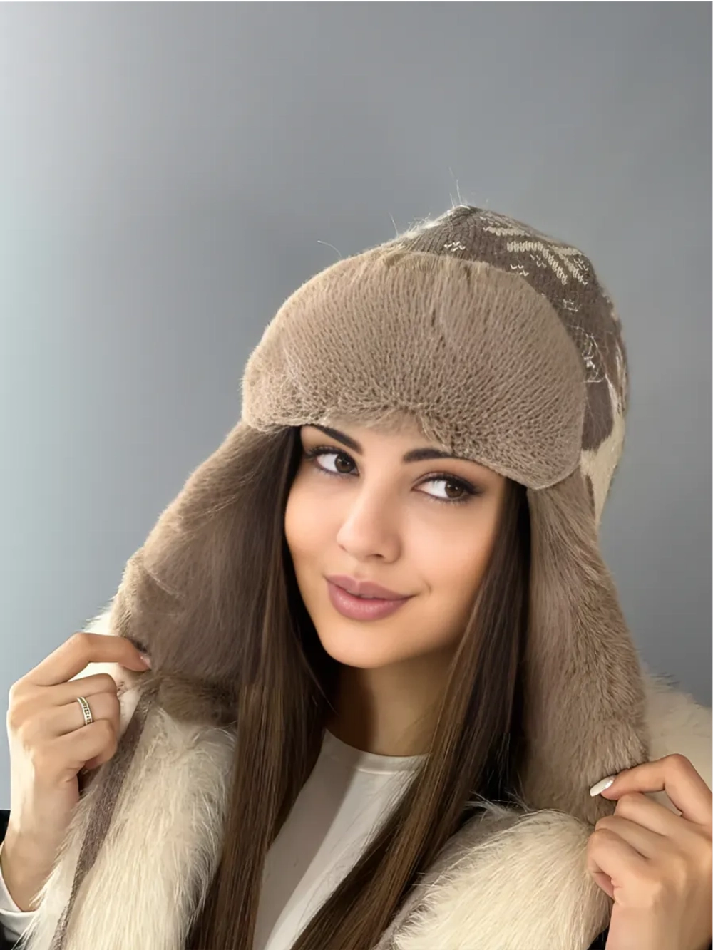 шапка зимняя ушанка вязаная с мехом