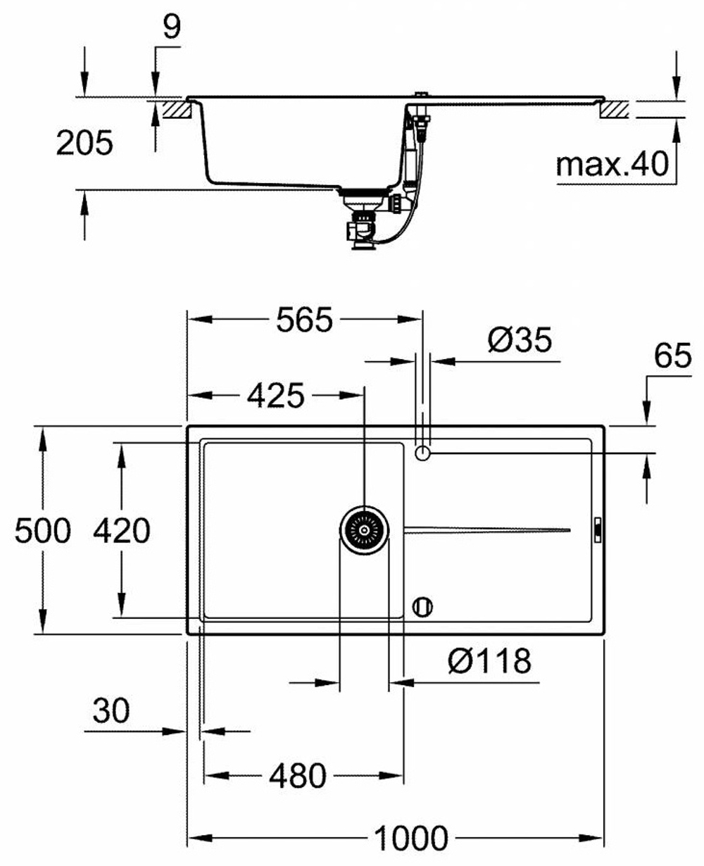 K400 60-C 100/50 1.0 Композитная мойка с одной чашей и крылом, оборачиваемая, с корзинчатым вентилем и автоматическим сливным гарнитуром, черный грани