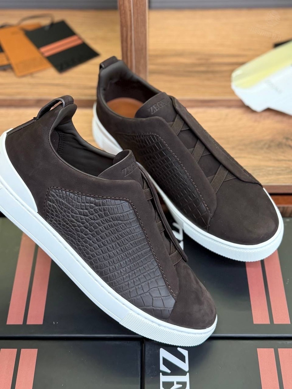 Кеды Zegna Triple Stitch с вставками кожи крокодила