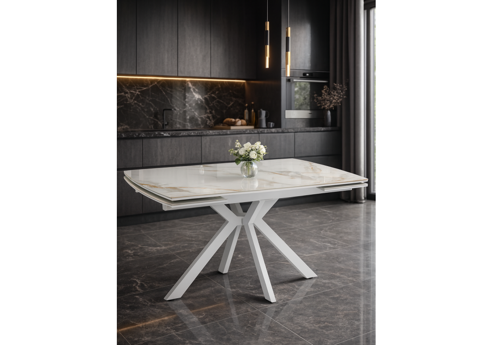 Керамический стол Woodville Катчел-2 120(180)x80 calacatta gold, белый