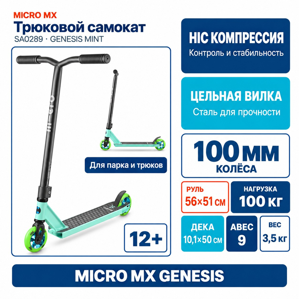 Самокат трюковой Micro MX, черный/ментоловый (Genesis Mint)