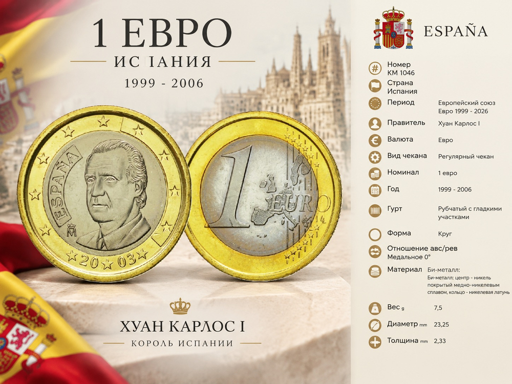 Испания 1 евро, 2003 Король Хуан Карлос I XF