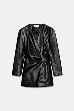 ZARA ПЛАТЬЕ ИЗ ИСКУССТВЕННОЙ КОЖИ С ЗОЛОТИСТОЙ ДЕТАЛЬЮ, ЧЕРНЫЙ