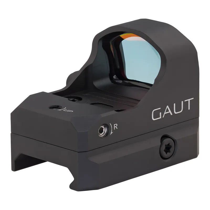 Коллиматор Gaut Tourmaline 1x24x17, открытый, точка 3 МOA красная, Weaver - вид сзади сбоку с логотипом Gaut