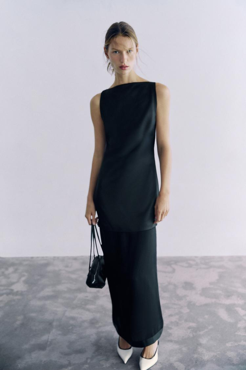 ZARA ДЛИННОЕ КОМБИНИРОВАННОЕ ПЛАТЬЕ, ЧЕРНЫЙ