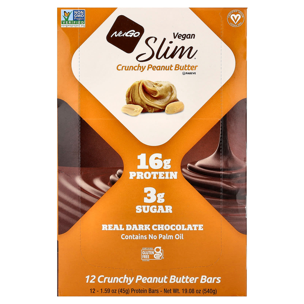 NuGo Nutrition, Slim®, веганские протеиновые батончики, хрустящая арахисовая паста, 12 батончиков по 45 г (1,59 унции)