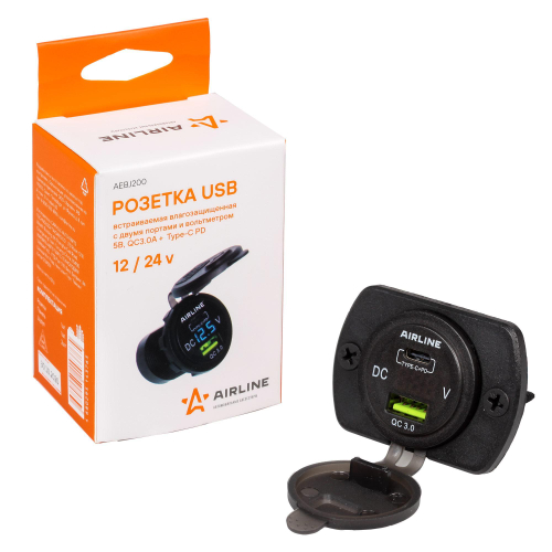 Розетка USB Airline встраиваемая влагозащ. с 2 портами и вольтметром 5В, QC3.0 + Type-c PD