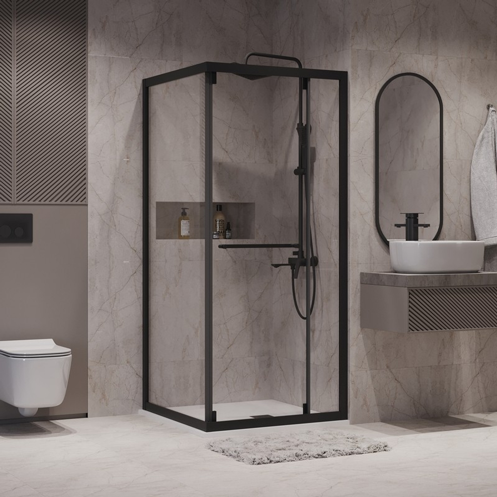 Душевое ограждение Niagara Nova NG-6833-34ВLACK (90х90х195) квадрат,черный матовый,двери раздвижные,стекло прозрачное,1 место
