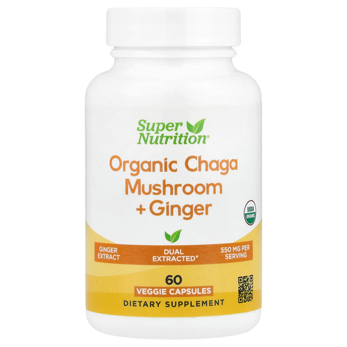 Super Nutrition, органический гриб чага с имбирём, 60 вегетарианских капсул