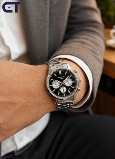 CASIO EFR-575D-1ADF EDIFICE мужские наручные часы — стальной хронограф с выпуклым стеклом и чёрным циферблатом