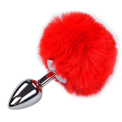 Серебристая анальная пробка с красным хвостиком 7см Adrien Lastic Metal Anal Fluffy Size S