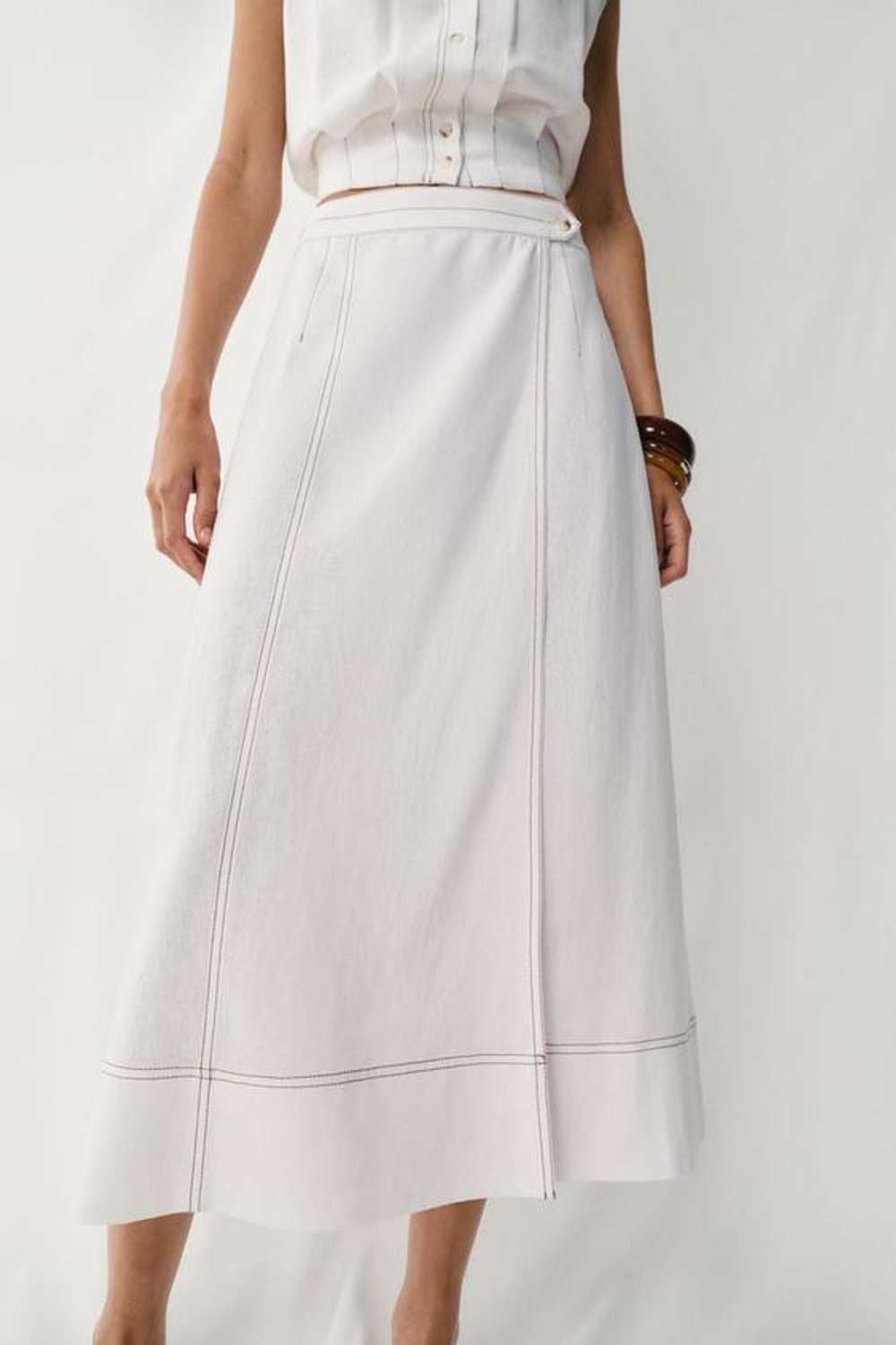 ZARA ЛЬНЯНАЯ ЮБКА НА ЗАПÁХЕ СО СТРОЧКОЙ, БЕЛЫЙ