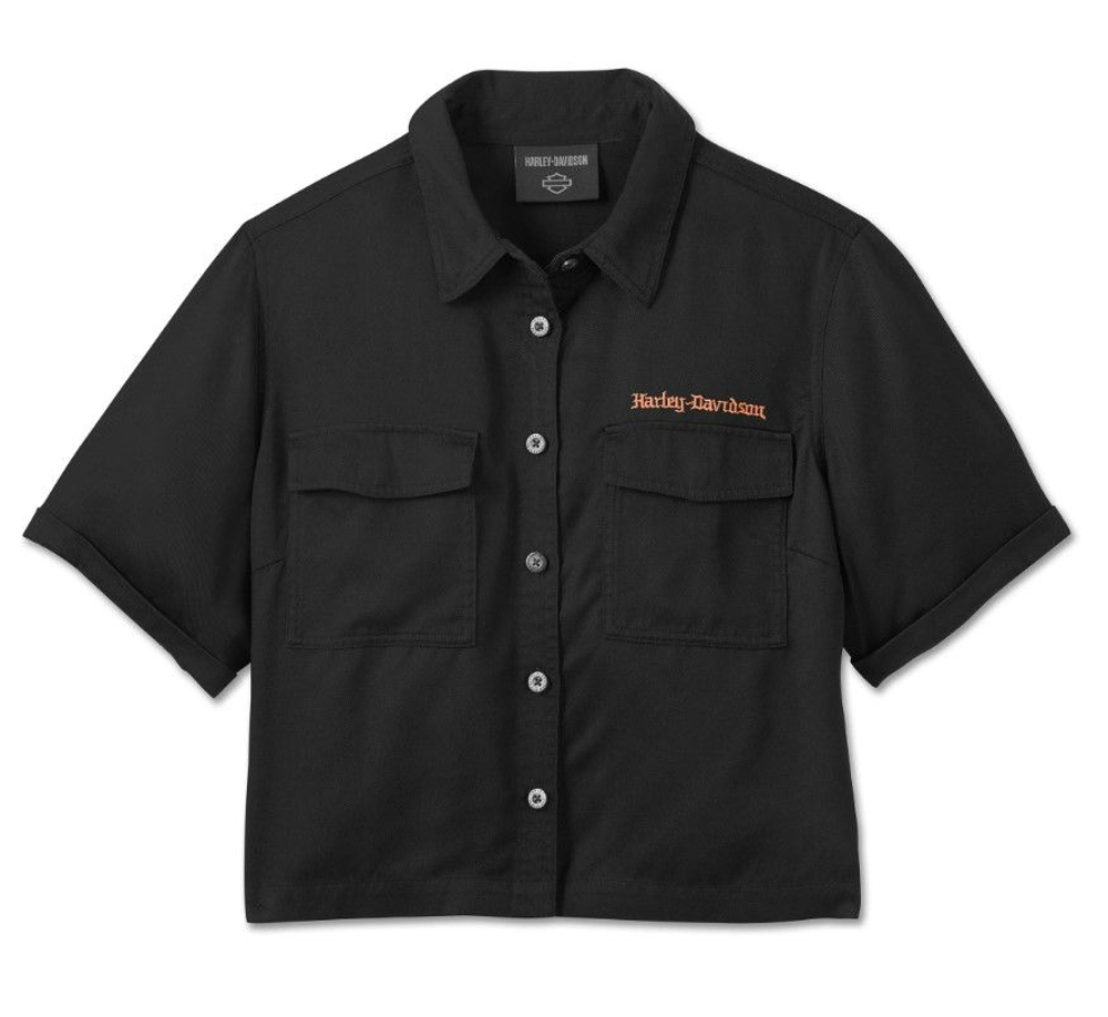 Рубашка Womens Old English Rose Cropped Short Sleeve Shirt Black Harley-Davidson