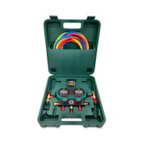 Цифровая манометрическая 2х вентильная станция HONGSEN HS-DVS60-101A (3 шланга 1.5м-1/4"SAE до 55Bar; 2 вентиля с нажимом на ниппель гайка 5/16", штуцер 1/4" SAE)