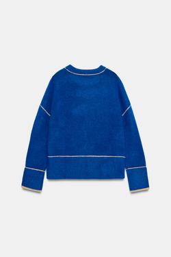 ZARA ТРИКОТАЖНЫЙ ДЖЕМПЕР С КОНТРАСТНОЙ ОТДЕЛКОЙ, ЯРКО-СИНИЙ