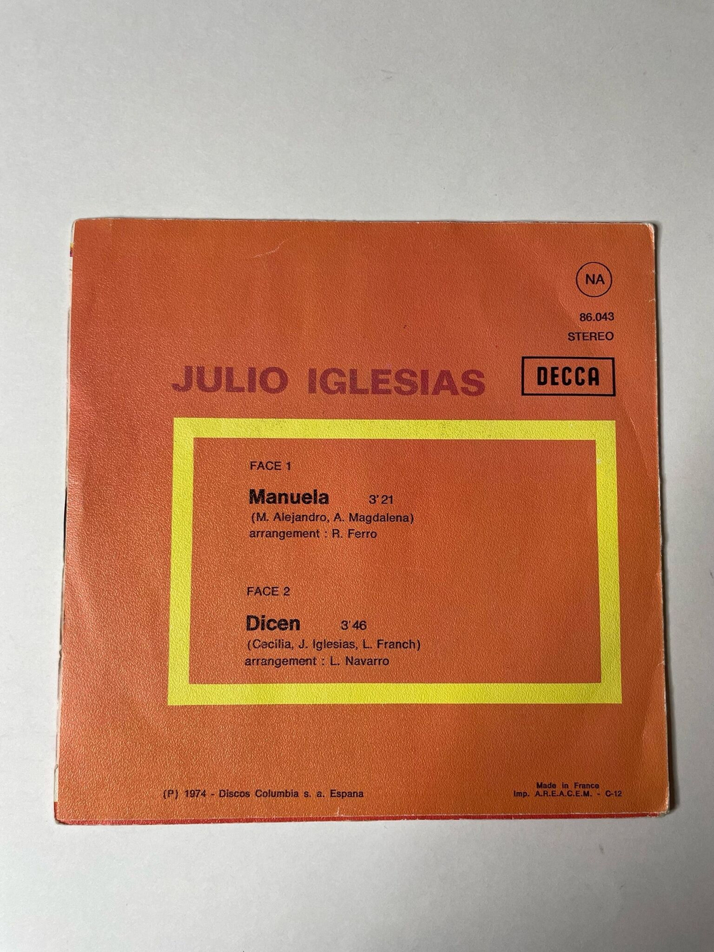 Винтажная виниловая пластинка LP Julio Iglesias Manuela (France 1974) 7 дюймов