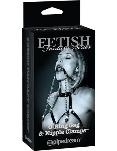 Кляп-расширитель для рта с зажимами на соски O-ring Gag With Nipple Clamps (Цвет: черный с серебряным)