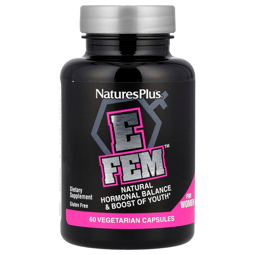 NaturesPlus, E Fem™ для женщин, натуральный гормональный баланс и поддержка молодости, 60 вегетарианских капсул