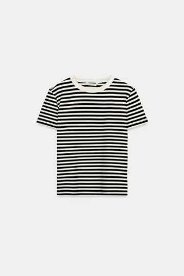 ZARA ФУТБОЛКА INTERLOCK С КОРОТКИМ РУКАВОМ, ПОЛОСКИ