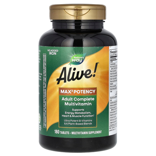 Nature's Way, Alive! Max3 Potency, полный мультивитаминный комплекс для взрослых, без добавления железа, 180 таблеток