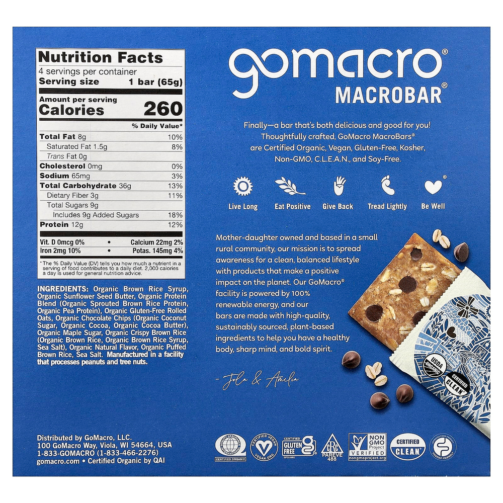 GoMacro, MacroBar®, забота о сердце, овсянка и шоколадная крошка, 4 батончика по 65 г (2,3 унции)