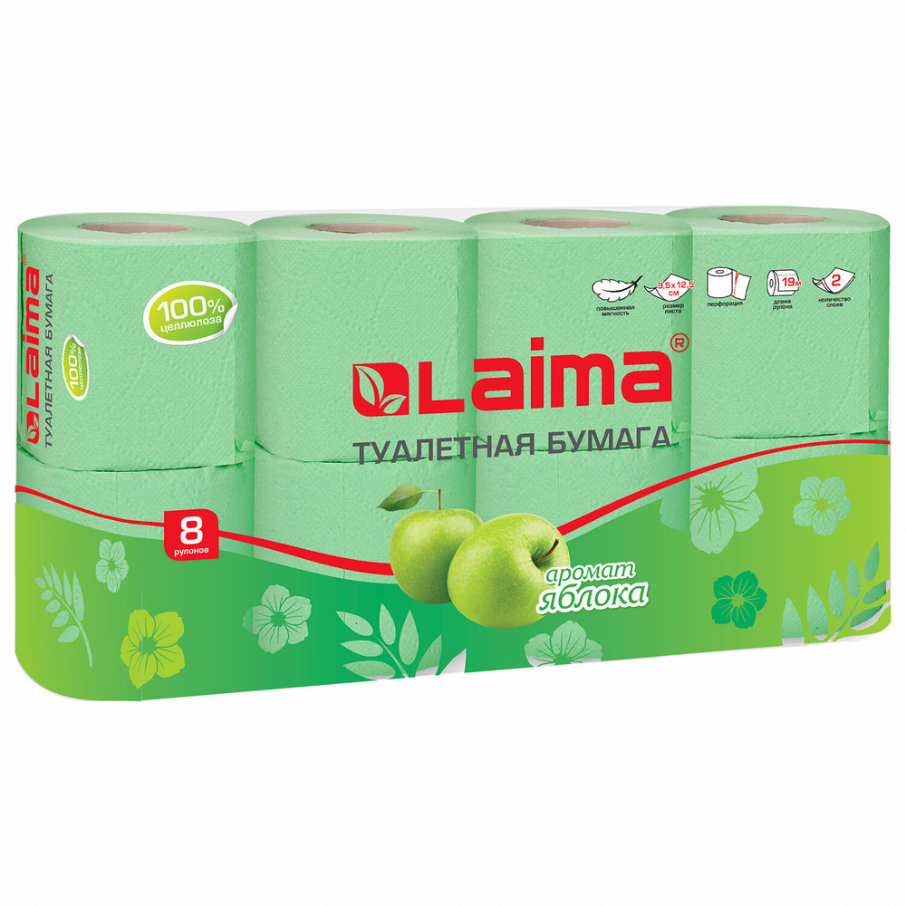 Бумага туалетная бытовая, спайка 8 шт., 2-х слойная, (8×19 м), LAIMA, аромат яблока, 2 упаковки.