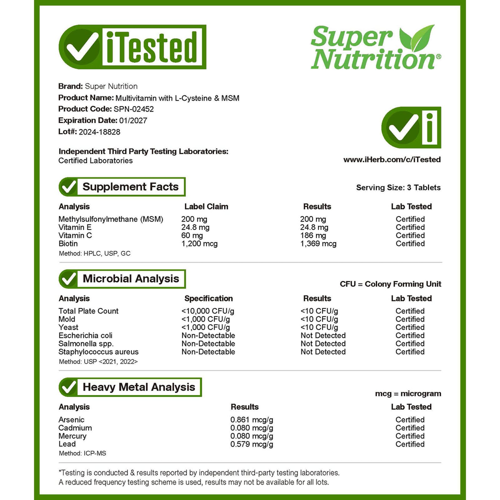 Super Nutrition, мультивитамины с L-цистеином, МСМ, витамином A и биотином, 180 таблеток