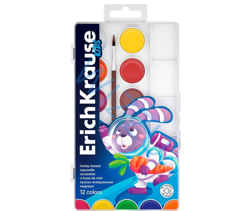 Краски акварельные ErichKrause Kids Space Animals медовые с УФ защитой яркости 12 цветов с палитрой и кистью (в пласт. коробке с европодв.) Арт.61363