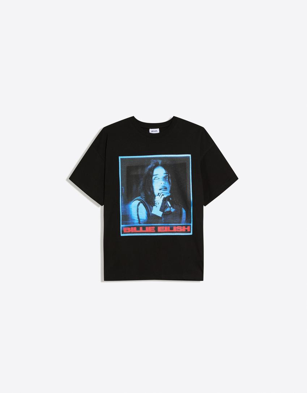 BERSHKA Футболка с коротким рукавом и принтом Billie Eilish, черный