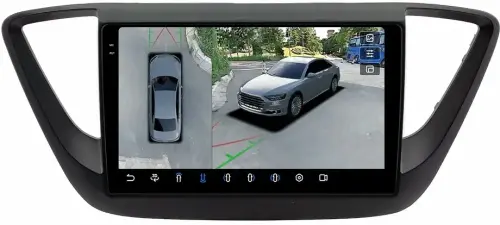 Магнитола для Hyundai Solaris 2 2017-2022, Solaris HS 2024+ (рамка черная матовая) - FarCar BX766M-360 монитор 9.5" 2K QLED на Android 13, Быстрая, CarPlay, 4G SIM-слот, 4 камеры в комплекте