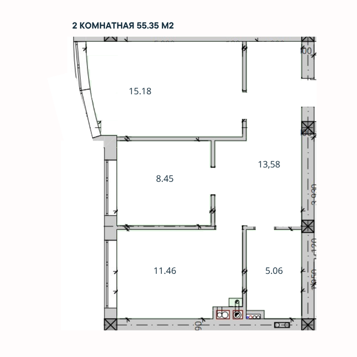 2-комн. квартира, 55,35 м²; 2,3 этажи