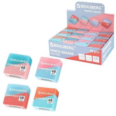 Ластик квадратный 34х34х14мм. "Pastel color duo" экологичный ПВХ. ассорти (BRAUBERG)