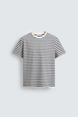 ZARA ФУТБОЛКА MEDIUM WEIGHT БАЗОВАЯ, БЕЛЫЙ/МОРСКОЙ СИНИЙ