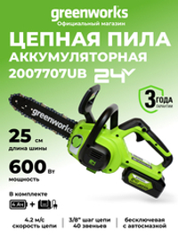 Аккумуляторная цепная пила Greenworks G24CS25K4,2007707UB, 24v, 25см, c АКБ 4 А·ч и ЗУ